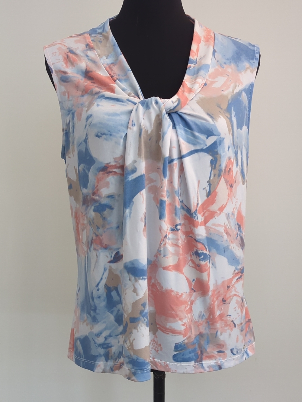 Calvin Klein Sleeveless Tie-Front Blouse in Coral, Blue & Cream